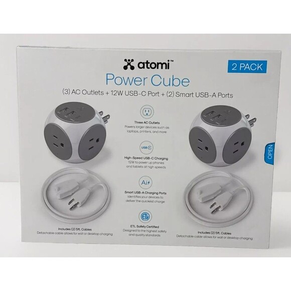 2 Atomi Power Cubes (3) AC Outlets + 12W USB-C Port + (2) Smart USB Ports Each - Picture 1 of 5
